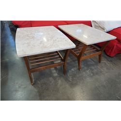 PAIR OF MID CENTURY MCM WALNUT AND MARBLE END TABLES