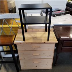 PINE 3 DRAWER CHEST OF DRAWERS AND METAL 2 TIER ENDTABLE