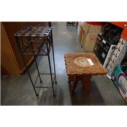 WOOD CARVED END TABLE AND METAL PLANTER STAND