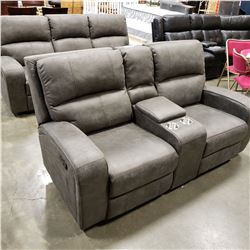 BRAND NEW PERTH RECLINING SOFA AND LOVESEAT, GREY PALOMINO FABRIC,WITH CONSOLE AND CUPHOLDERS, RETAI