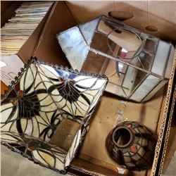 BOX OF LEADED GLASS SHADES AND CASE