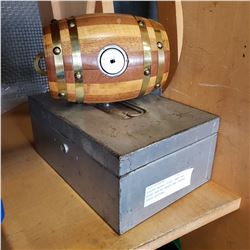 WOODEN BARREL PIGGY BANK AND METAL BOX W/ BRASS AND COPPER DRESS BUTTONS