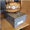Image 1 : WOODEN BARREL PIGGY BANK AND METAL BOX W/ BRASS AND COPPER DRESS BUTTONS