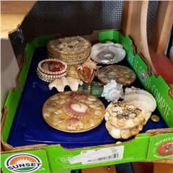 TRAY OF SHELL DECORATIONS AND JEWELLERY BOXES