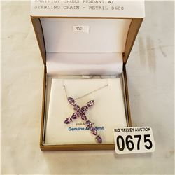 STERLING SILVER GENUINE AMETHYST CROSS PENDANT W/ STERLING CHAIN - RETAIL $600