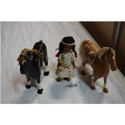 FIRST NATIONS DOLL AND 2 FOLK ART HORSES W/ LEATHER EARS