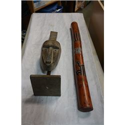 RAIN STICKS AND CARVED MASK ON STAND