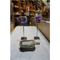 2 DECORATIVE AMETHYST CLUSTERS AND QUARTZ CRYSTAL ON WOOD STAND