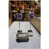 Image 1 : 2 DECORATIVE AMETHYST CLUSTERS AND QUARTZ CRYSTAL ON WOOD STAND