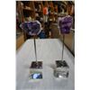 Image 5 : 2 DECORATIVE AMETHYST CLUSTERS AND QUARTZ CRYSTAL ON WOOD STAND