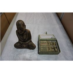 VINTAGE CARVED BUDDAH AND CARVED STONE FOO DOGS