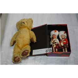 ANTIQUE TEDDY BEAR AND 2 VINTAGE FIGURES