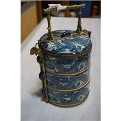 CHINESE BLUE AND WHITE STACKING BOWLS W/ BRASS CARRIER