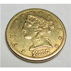 1887 S $5 FIVE Gold Liberty Half Eagle