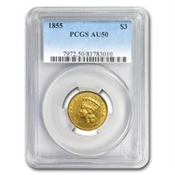 1855 $3 Gold Princess AU-50 PCGS