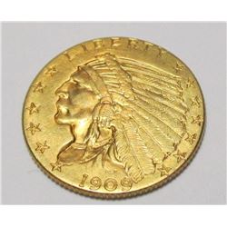 1909 $2.5 Gold Indian XF-AU Grade