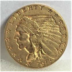 1913 $2.5 Gold Indian XF AU Grade