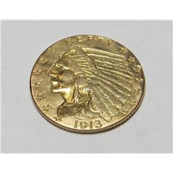 1913 $2.5 Gold Indian XF - AU Grade -