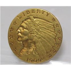 1909 $2.5 Gold Indian XF Plus Grade