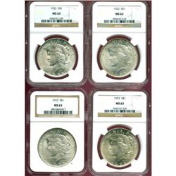 (4) 1922 MS 63 NGC Peace Dollars