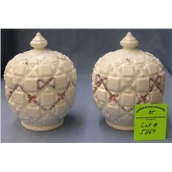 Pair of floral hand painted milk glass covered jars