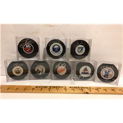 GR OF 8, SIGNED NHL PUCKS - AS NEW