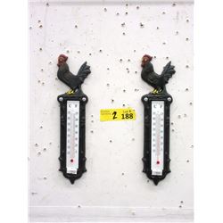 2 New Cast Iron Rooster Thermometers - 3" x 11"