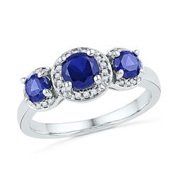 Round Lab-Created Blue Sapphire 3-stone Diamond Ring 1-3/8 Cttw 10kt White Gold