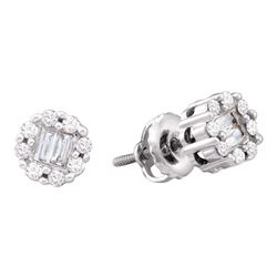 Round Baguette Diamond Cluster Screwback Stud Earrings 1/4 Cttw 14kt White Gold