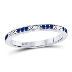Round Blue Sapphire Flourished Stackable Band Ring 1/6 Cttw 10kt White Gold