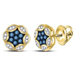 Round Blue Color Enhanced Diamond Cluster Stud Earrings 1/4 Cttw 10kt Yellow Gold