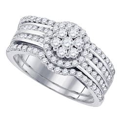 Diamond Cluster 3-Piece Bridal Wedding Engagement Ring Band Set 1.00 Cttw 14kt White Gold