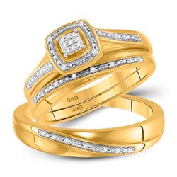 His & Hers Diamond Square Cluster Matching Bridal Wedding Ring Band Set 1/12 Cttw 10kt Yellow Gold