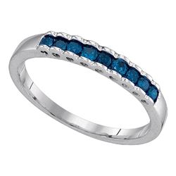Blue Color Enhanced Diamond Ribbed Band Ring 1/4 Cttw 10kt White Gold