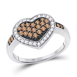 Round Brown Diamond Framed Heart Cluster Ring 1/2 Cttw 10kt White Gold