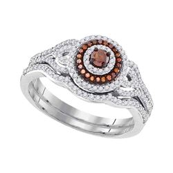 Round Red Color Enhanced Diamond Bridal Wedding Engagement Ring Band Set 1/2 Cttw 10kt White Gold
