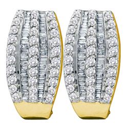 Round Baguette Diamond French-clip Hoop Earrings 1.00 Cttw 14kt Yellow Gold