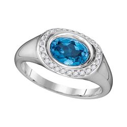 Oval Blue Topaz Solitaire Diamond Accent Ring 1-1/2 Cttw 14kt White Gold