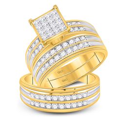 His & Hers Diamond Cluster Matching Bridal Wedding Ring Band Set 1-1/2 Cttw 14kt Yellow Gold