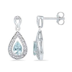 Diamond & Lab-Created Aquamarine Teardrop Dangle Screwback Earrings 5/8 Cttw 10k White Gold