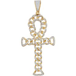 Mens Diamond Ankh Cross Cuban Link Charm Pendant 7/8 Cttw 10kt Yellow Gold