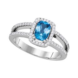 Oval Blue Topaz Solitaire Diamond-accent Ring 1-1/5 Cttw 14kt White Gold