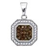 Image 1 : Round Brown Diamond Octagon Cluster Pendant 1/3 Cttw 10kt White Gold