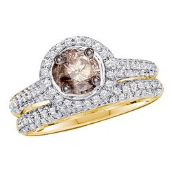 Round Brown Diamond Bridal Wedding Engagement Set 1-1/4 Cttw 14kt Yellow Gold