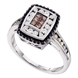 Brown Black Color Enhanced Diamond Rectangle Cluster Ring 1/2 Cttw 14kt White Gold