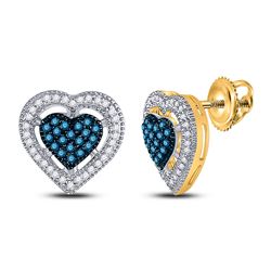 Round Blue Color Enhanced Diamond Heart Screwback Earrings 3/8 Cttw 10kt Yellow Gold