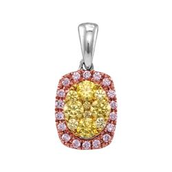 Round Yellow Pink Diamond Oval Frame Cluster Pendant 3/4 Cttw 14kt White Gold