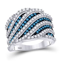 Round Blue Color Enhanced Diamond Diagonal Stripe Fashion Ring 1-7/8 Cttw 10kt White Gold