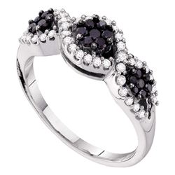 Round Black Color Enhanced Diamond Flower Cluster Band Ring 1/2 Cttw 14kt White Gold