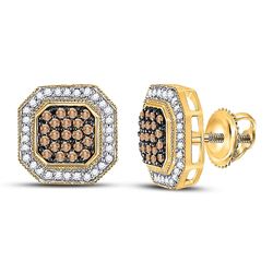 Round Brown Diamond Octagon Cluster Earrings 1/2 Cttw 10kt Yellow Gold
